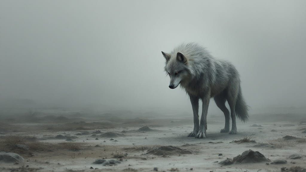 Lone Wolf in Desolate Landscape, Surrealist Style