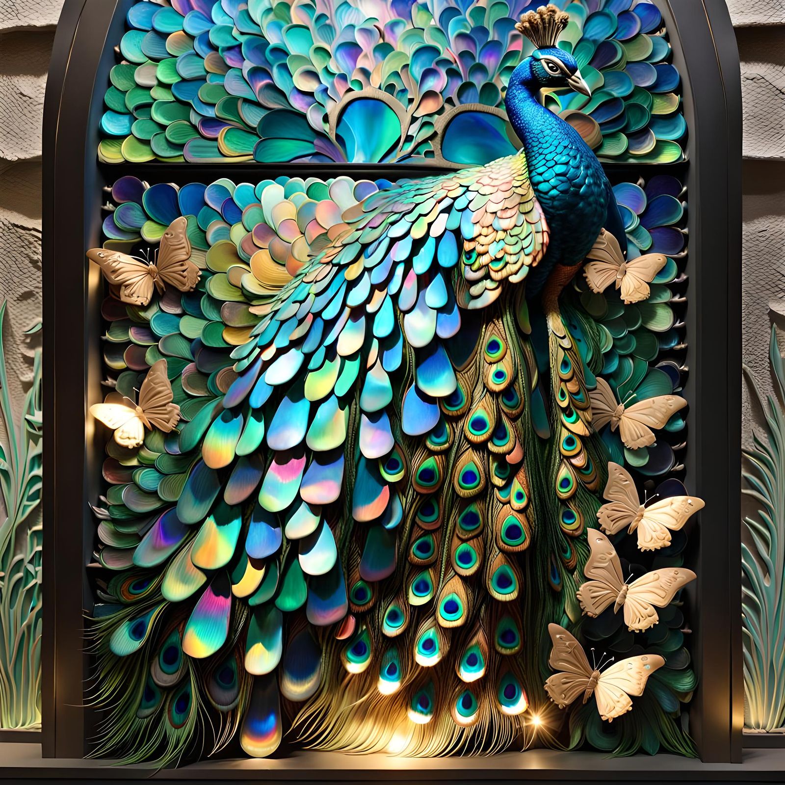 Iridescent Peacock Sculpture with Abalone and Butterflies