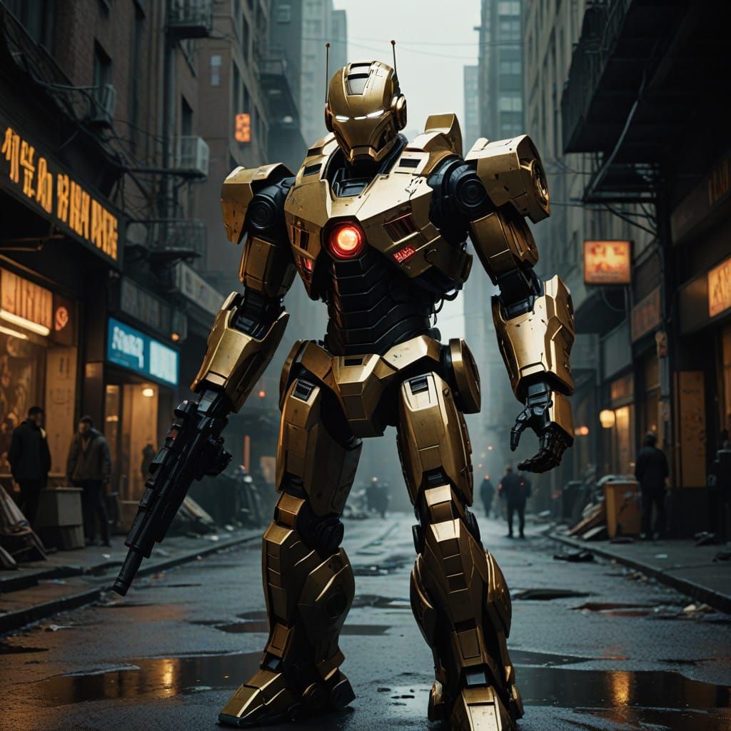 Cyberpunk Robot Suit in Dynamic Attack Stance