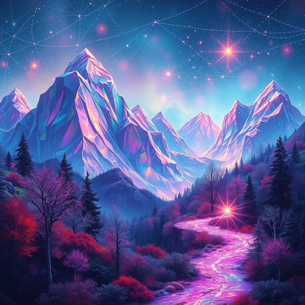 Surreal, Futuristic Mountains and Woods in Iridescent Crysta...