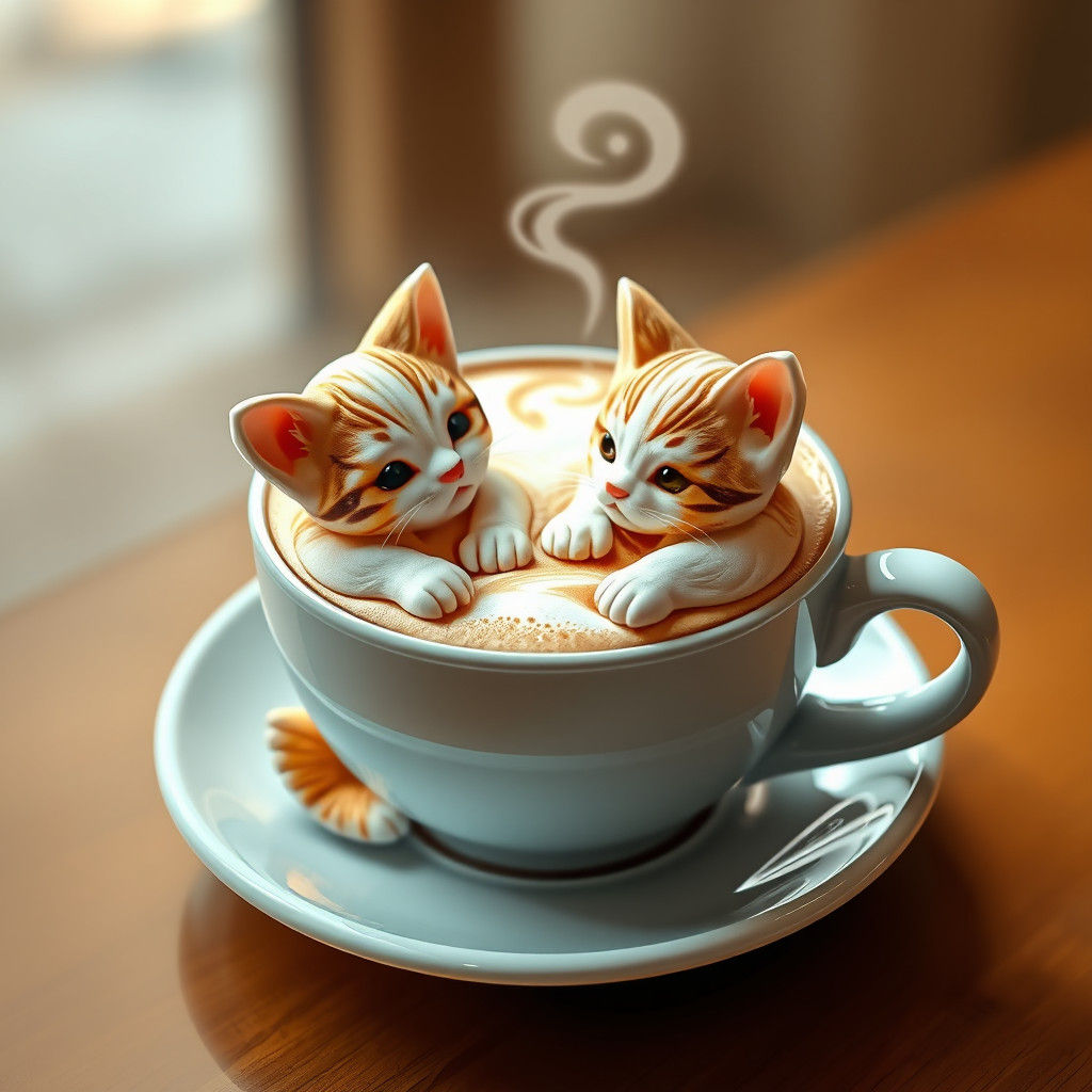 3D Latte Foam Kittens in Cup, Latte Art