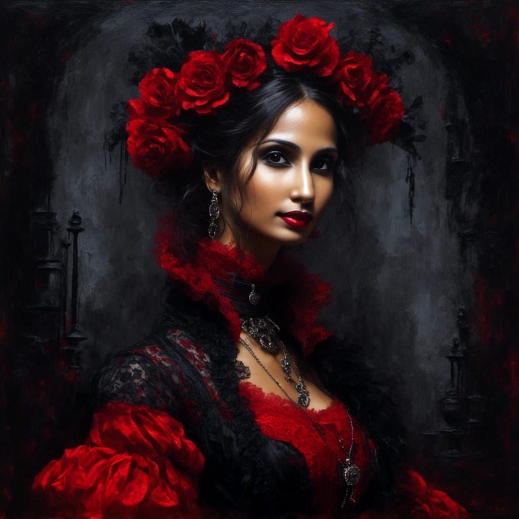 Gothic Lady in Red and Black: Acrylic Painting