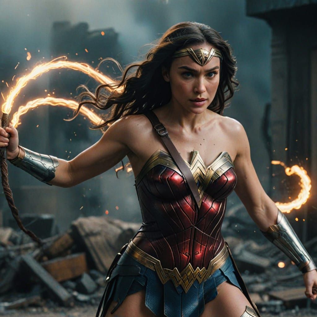Wonder Woman in Cinematic Fighting Stance with Explosive Bac...