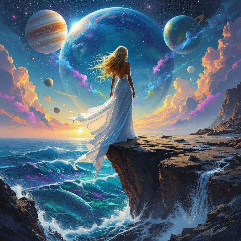 Cosmic Beauty on Cliff Edge with Orbiting Planets