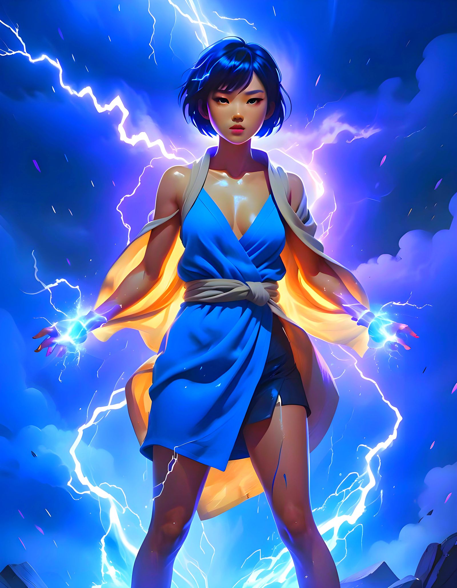 Cyan-Skinned Woman with Lightning Aura