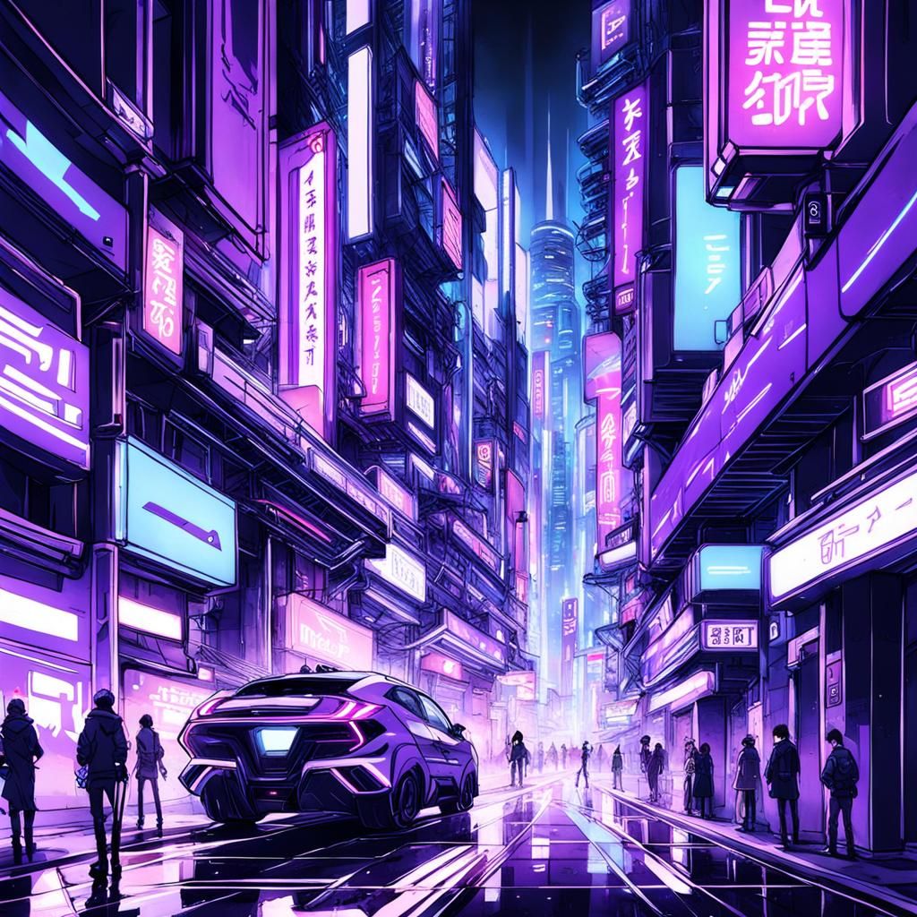 Futuristic Underground City with Purple Neon Lights in Anime...