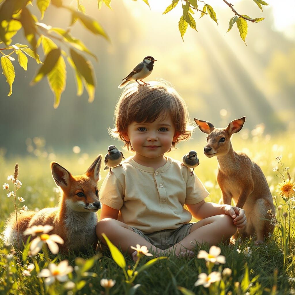Child and Rescued Animals in Golden Sunlit Meadow