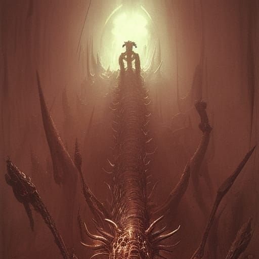 Horrific Centipede Monster in Dark Engraving Style