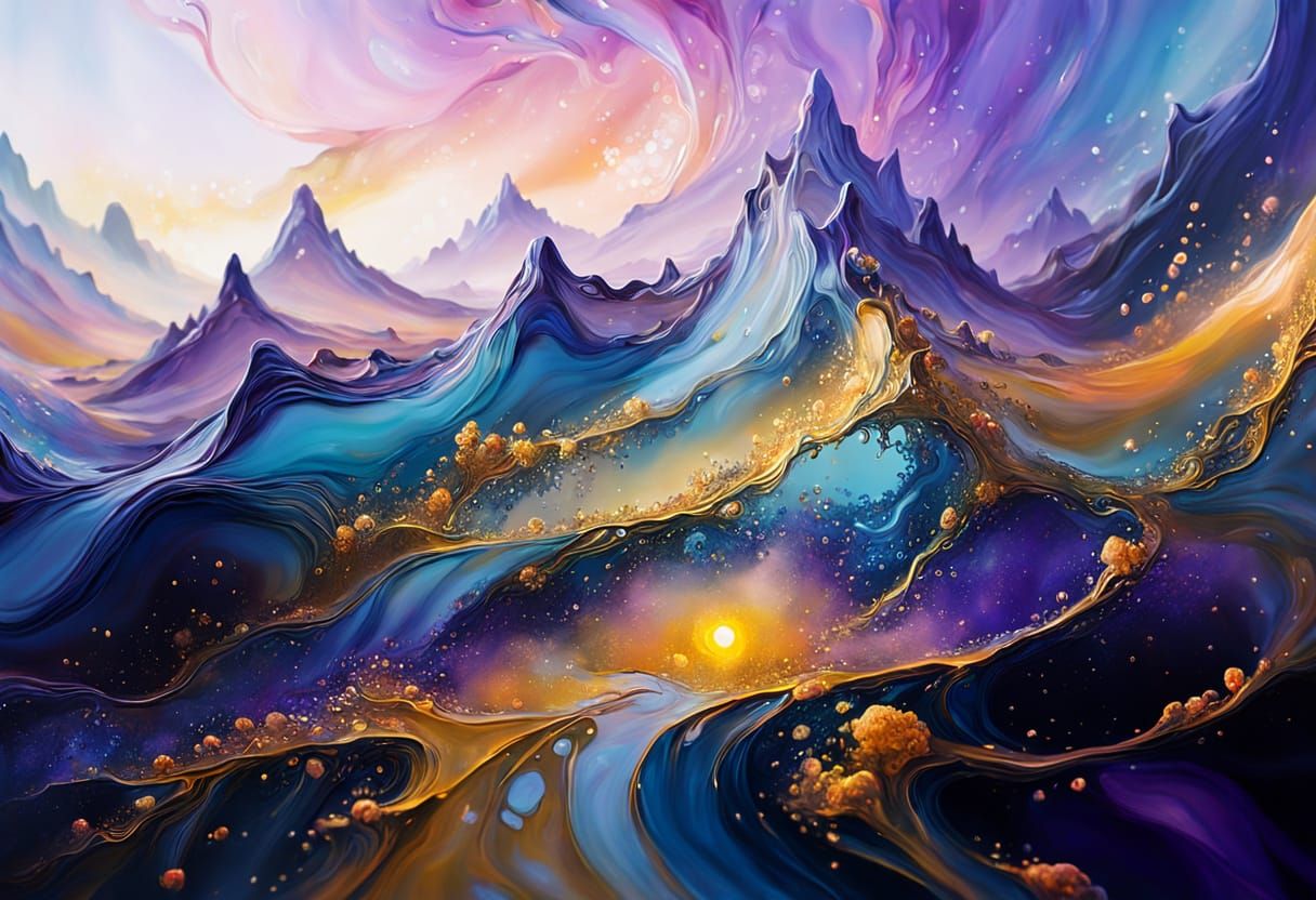 Dreamlike Acrylic Pouring Art of a Fantastical Landscape