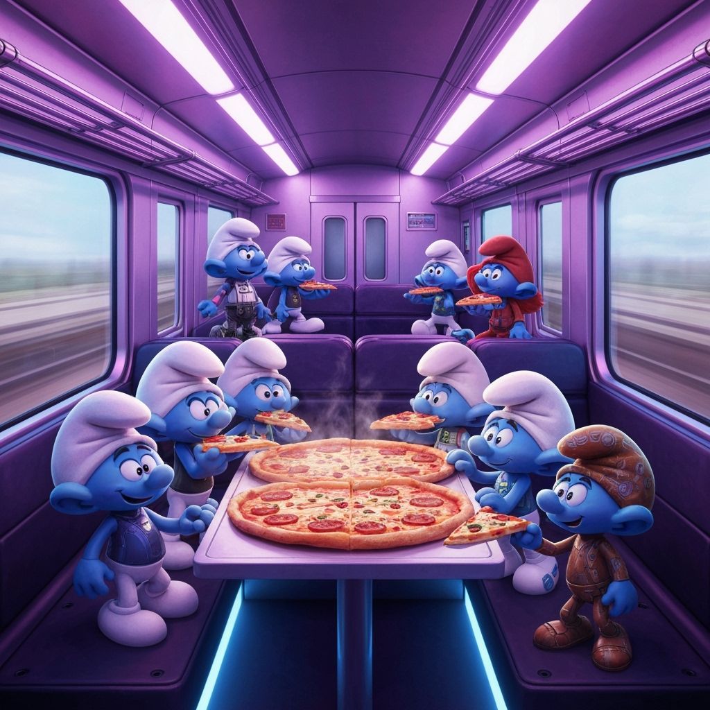 Smurfs Eat Pizza in Futuristic Train Car