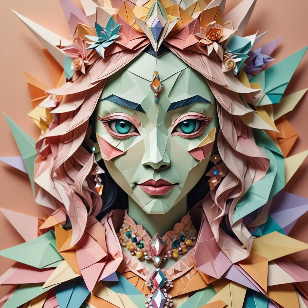 Terrifying Origami Princess Portrait in Pastel Colors
