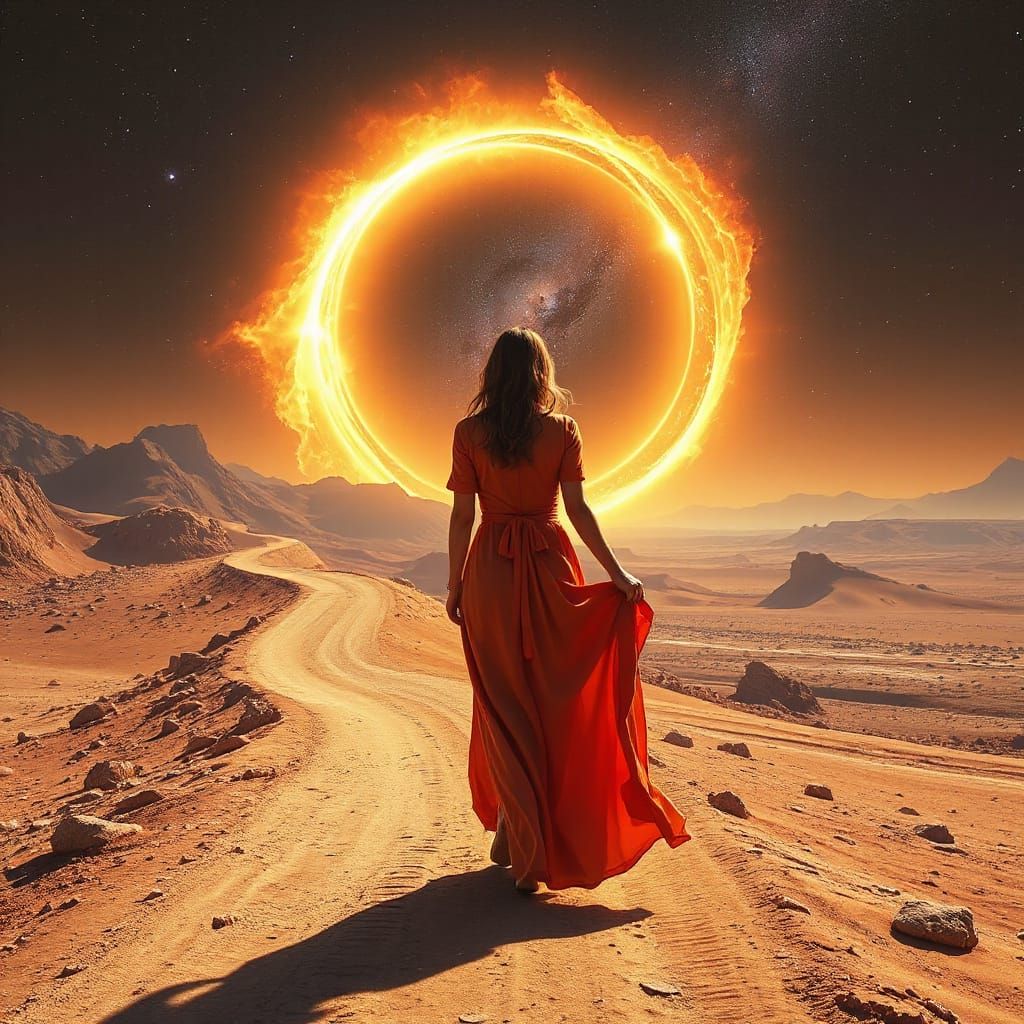 Woman Gazes at Cosmic Ring in Surreal Desert Landscape