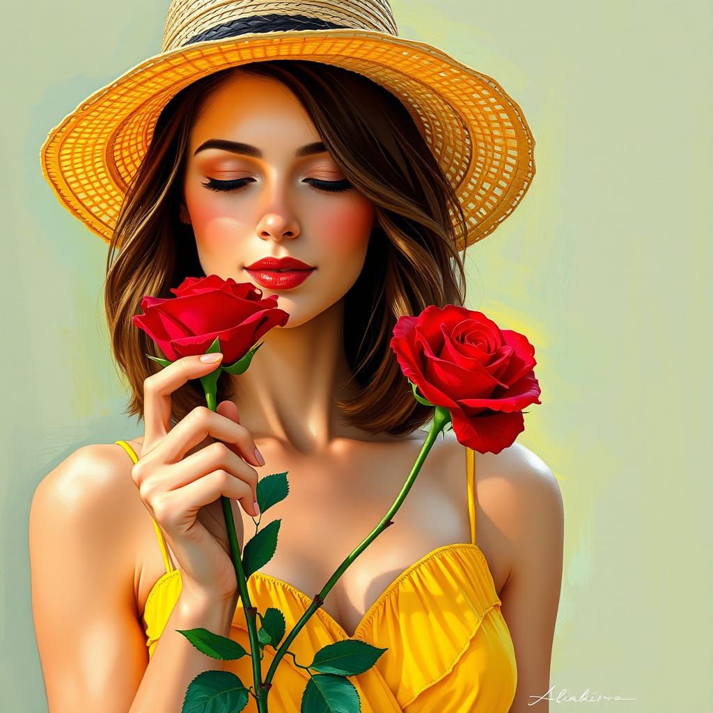 Woman with Rose: Impressionist Style Summer Portrait