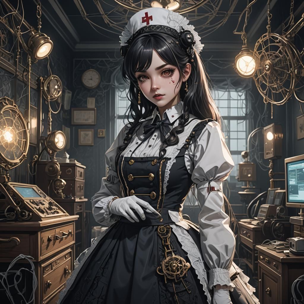 Gothic Lolita Nurse in Ornate Hospital Room