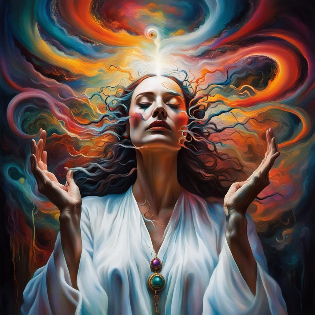 Surreal Exorcism: Priest and Woman in Vibrant Light