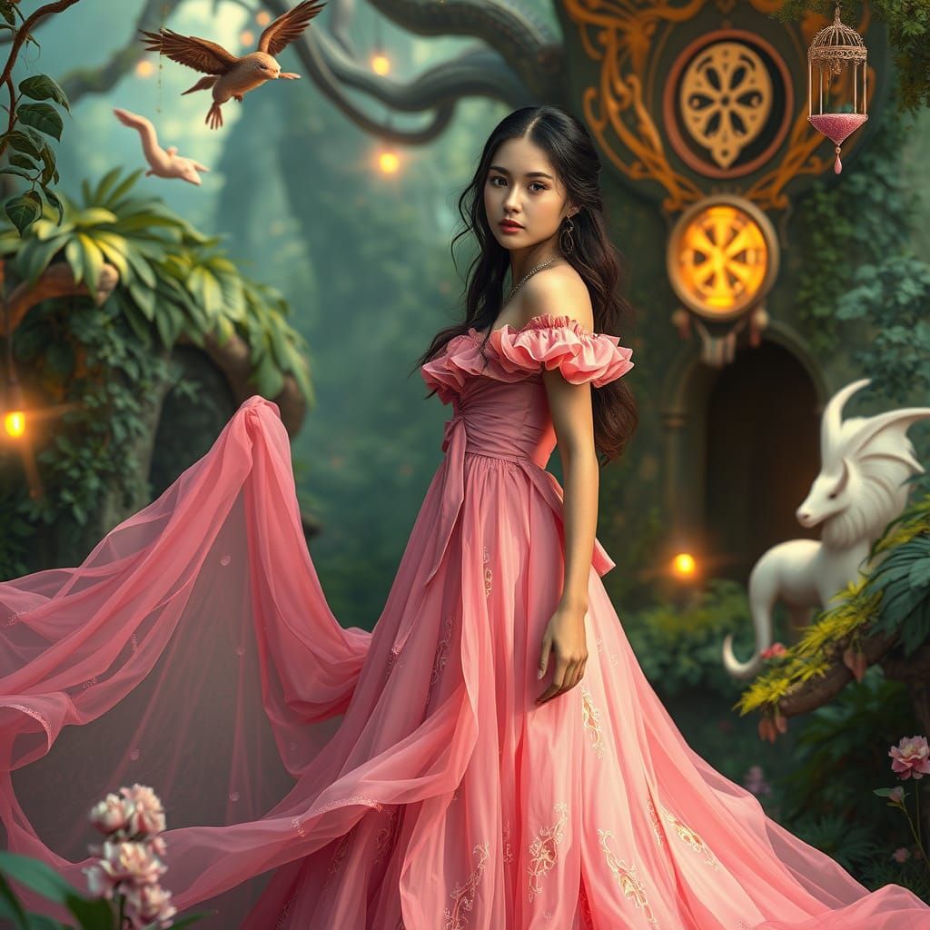 Ethereal Fantasy Goddess in Whimsical Pink Gown