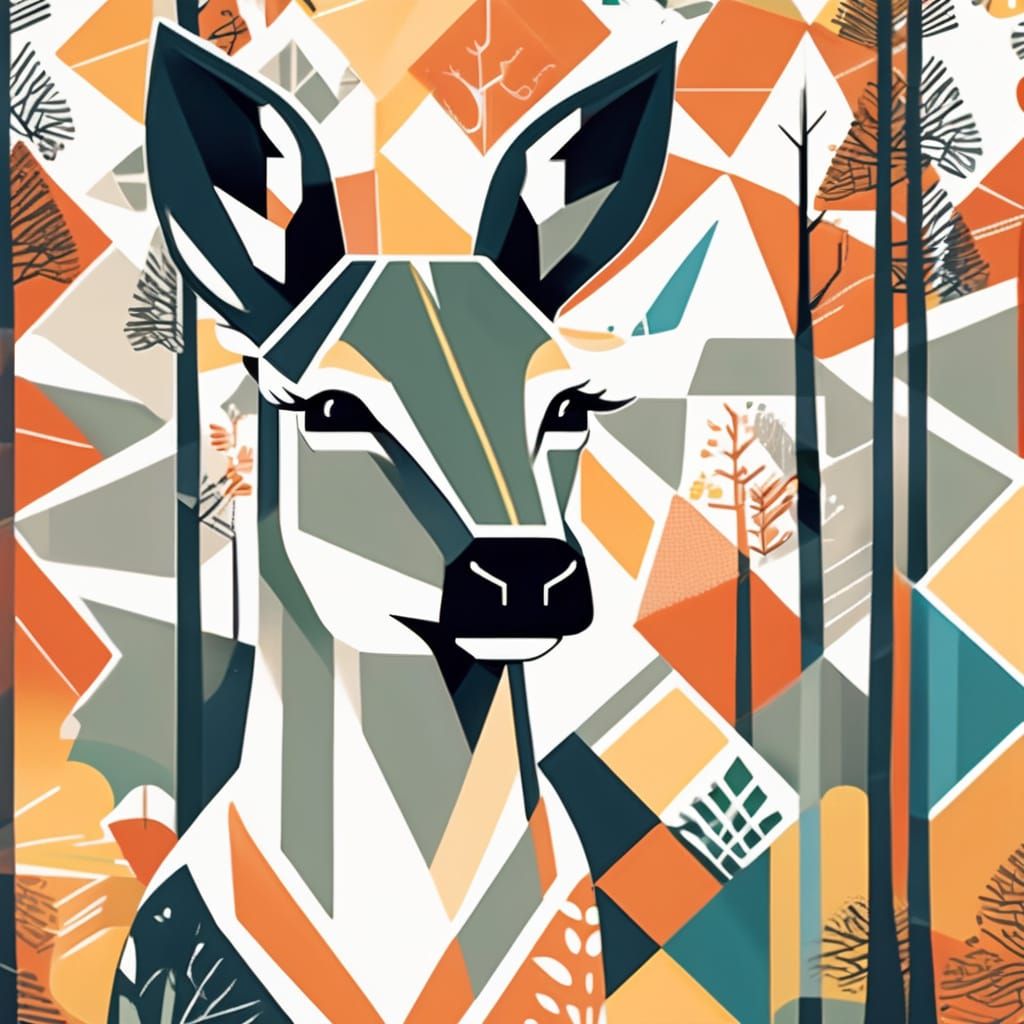 Geometric Cubist Portrait of a Deer in a Forest