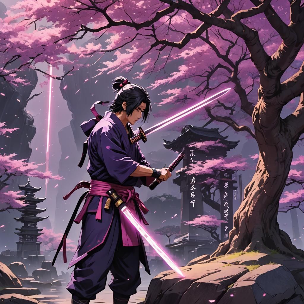 Katana Swordsman Under Pink Cherry Blossoms