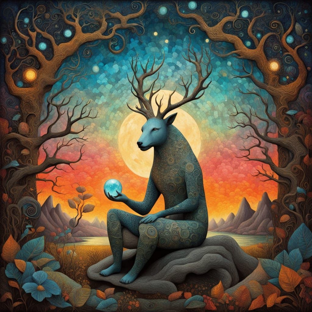 Mystical Shaman Crafts Vibrant Sculpture Amidst Labyrinth of...