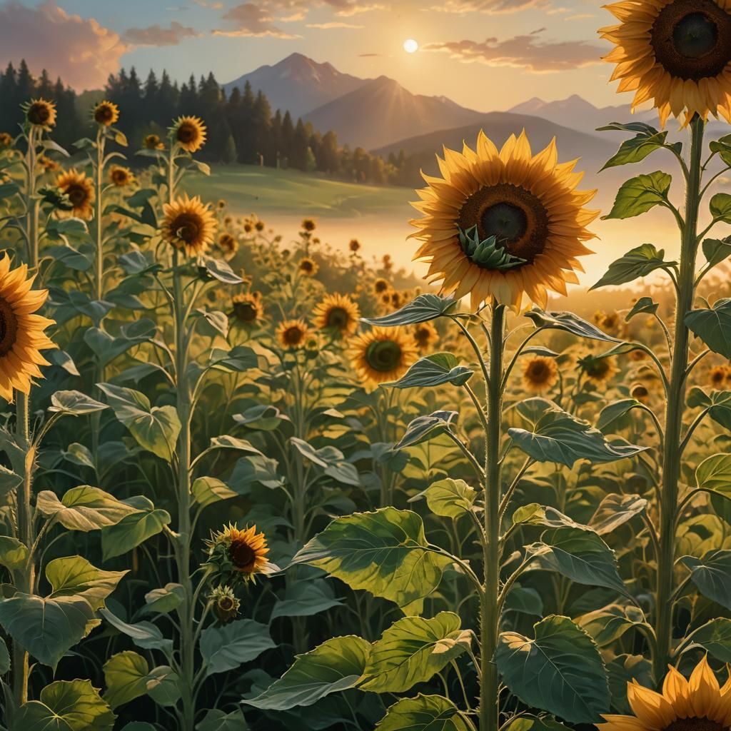 Sunflower in Meadow at Sunset: Oil Painting