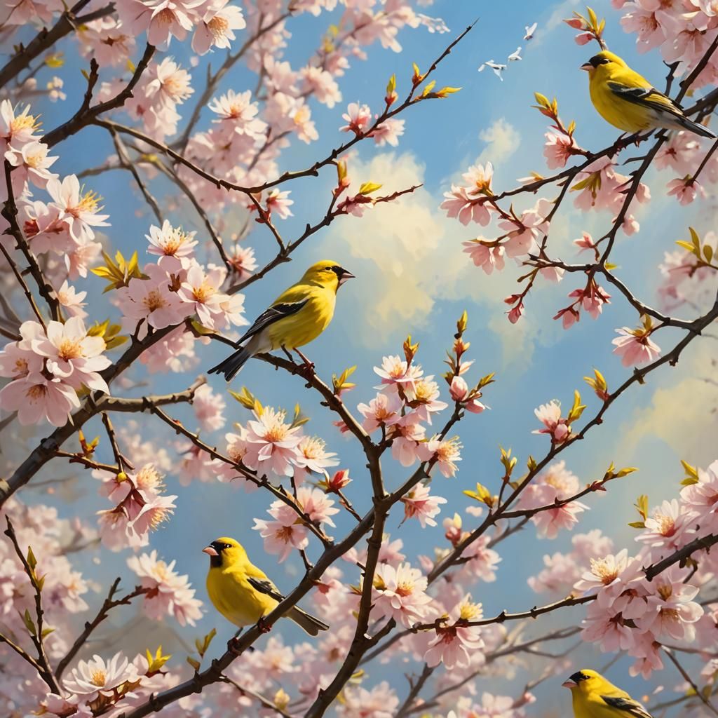 Impressionist Cherry Blossoms with Yellow Finches