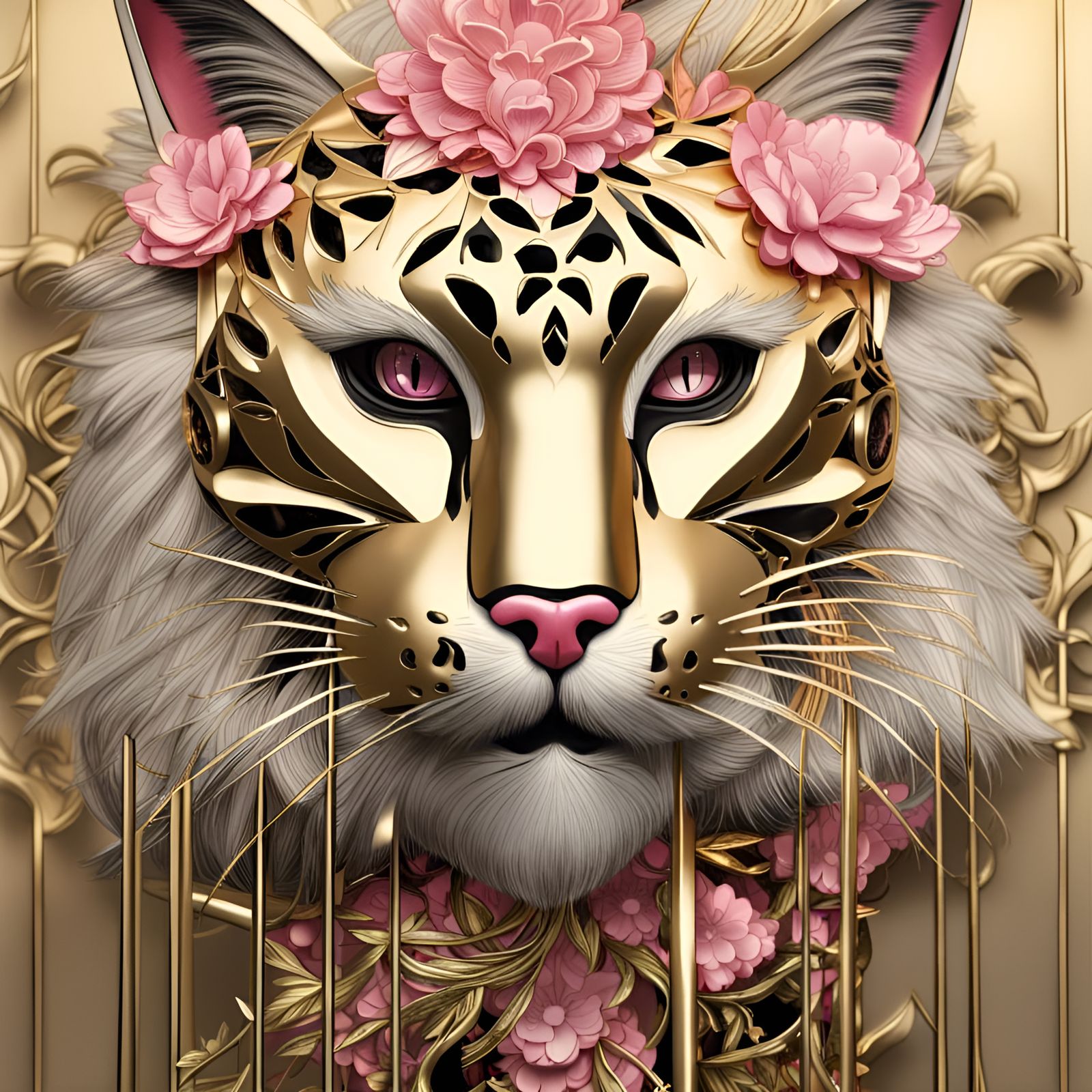 Hyperrealistic Black Cat Mask in Gold and Pink