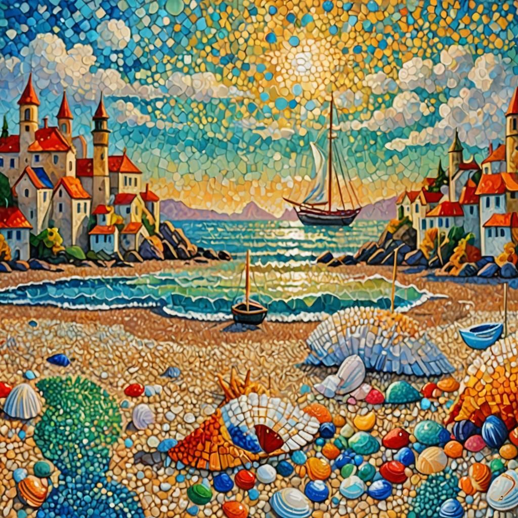 Meer, Muscheln, Segel, Strand, Pointillismus, Das gesamte Bild besteht aus kleinen regelmäßigen Farbtupfen in reinen Far...