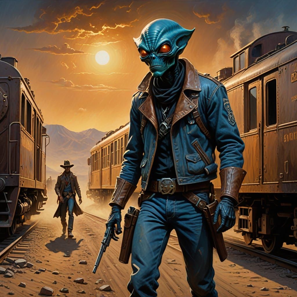 Alien Bandit Robs Old West Train in Oil Painting Style