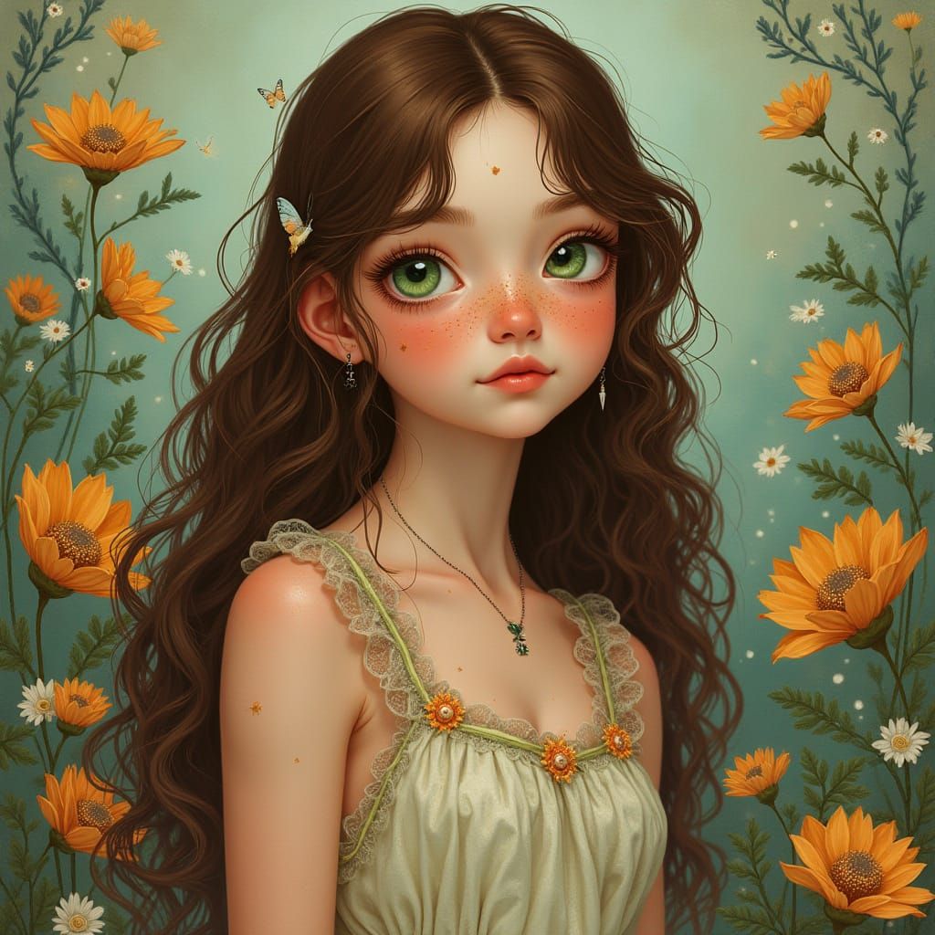 Whimsical Brown Haired Girl in Vibrant Dress