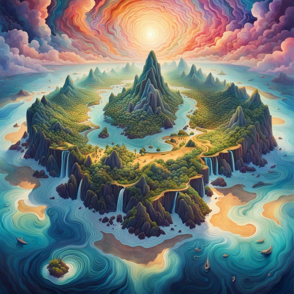 Psychedelic Island Map in Watercolor Style