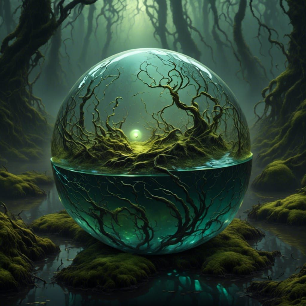 A glowing orb in a dark, misty atmosphere.