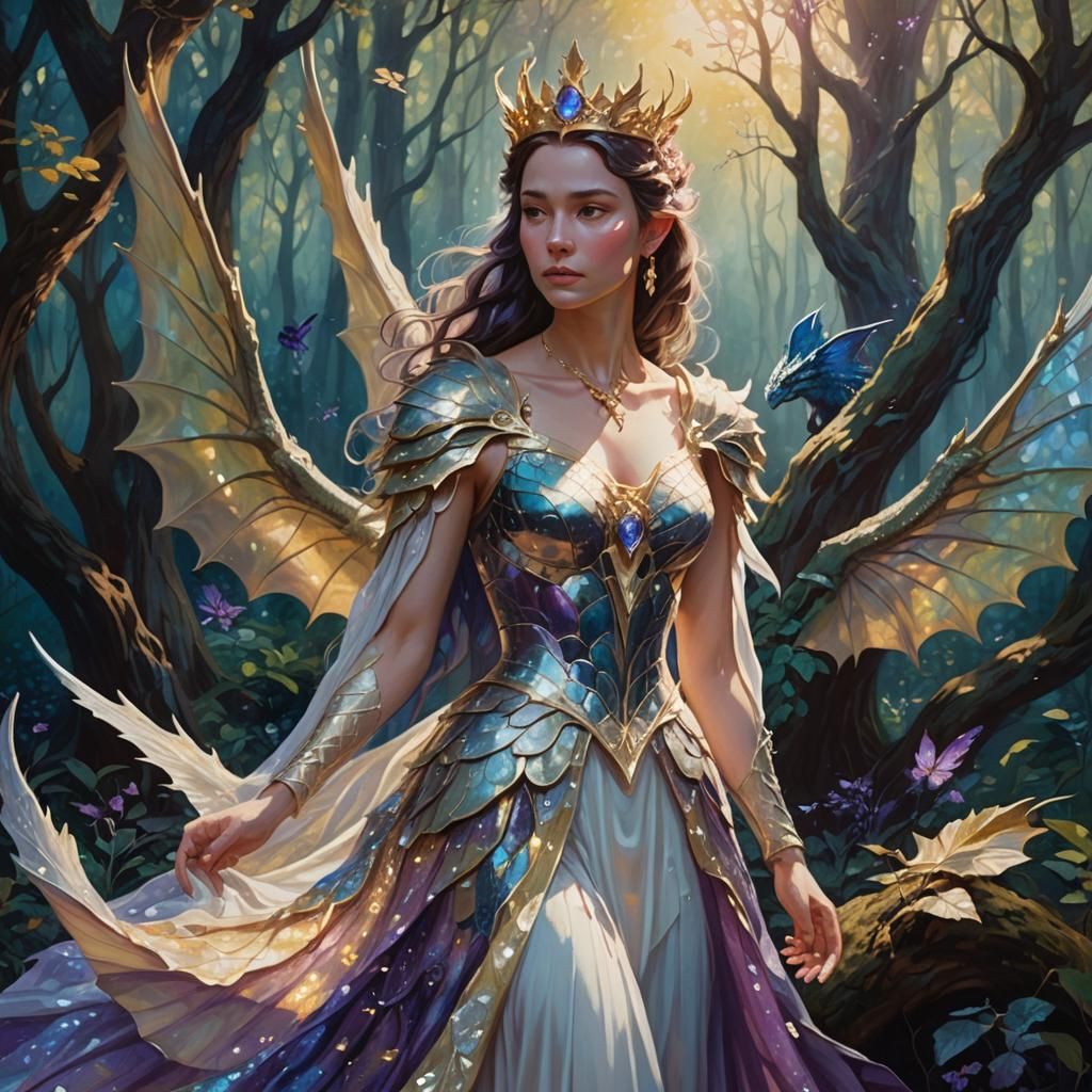 Dragon Woman in Mystical Forest, Acrylic Painting