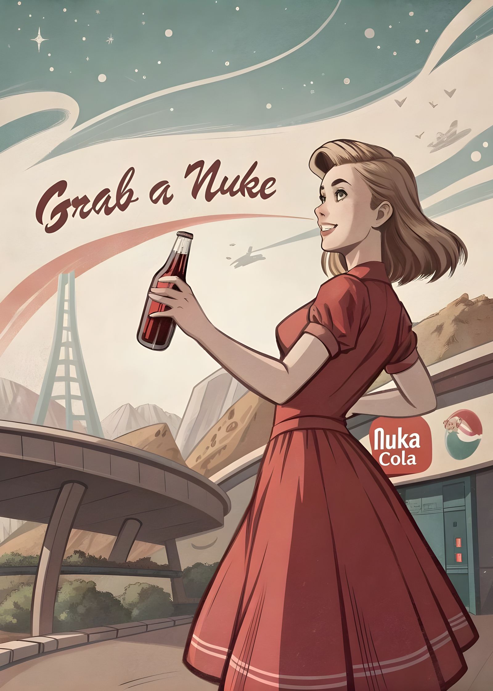 Retrofuturistic Pin-Up Girl Holds Nuka Cola in a Vintage Pos...