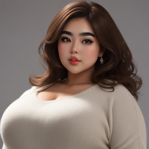 Woman, thick eyebrows, light brown hair, chubby, plump lips