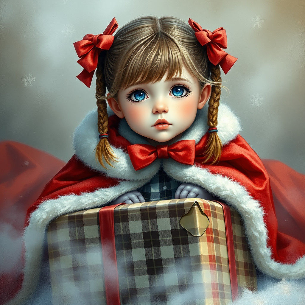 Girl with Red Bow Sits on Christmas Present