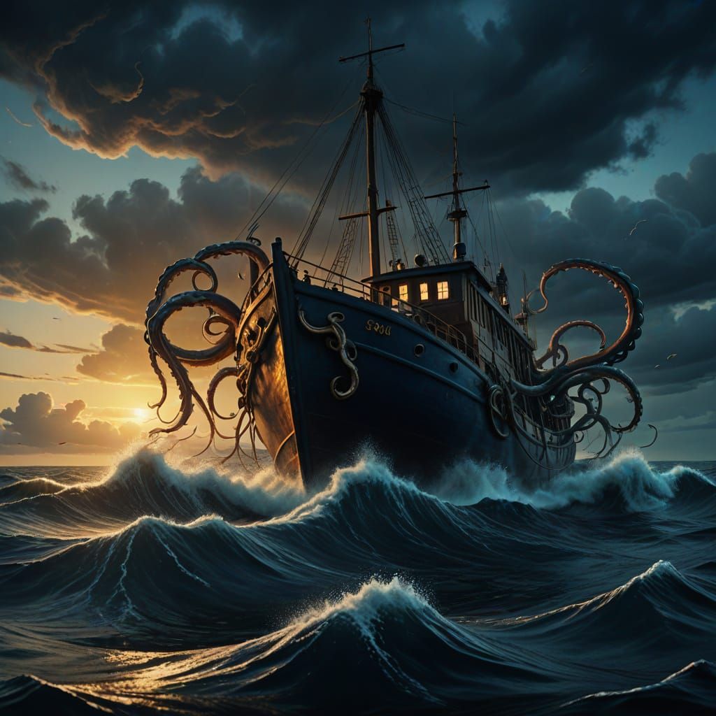 Giant Squid Attack in Dark Fantasy Style