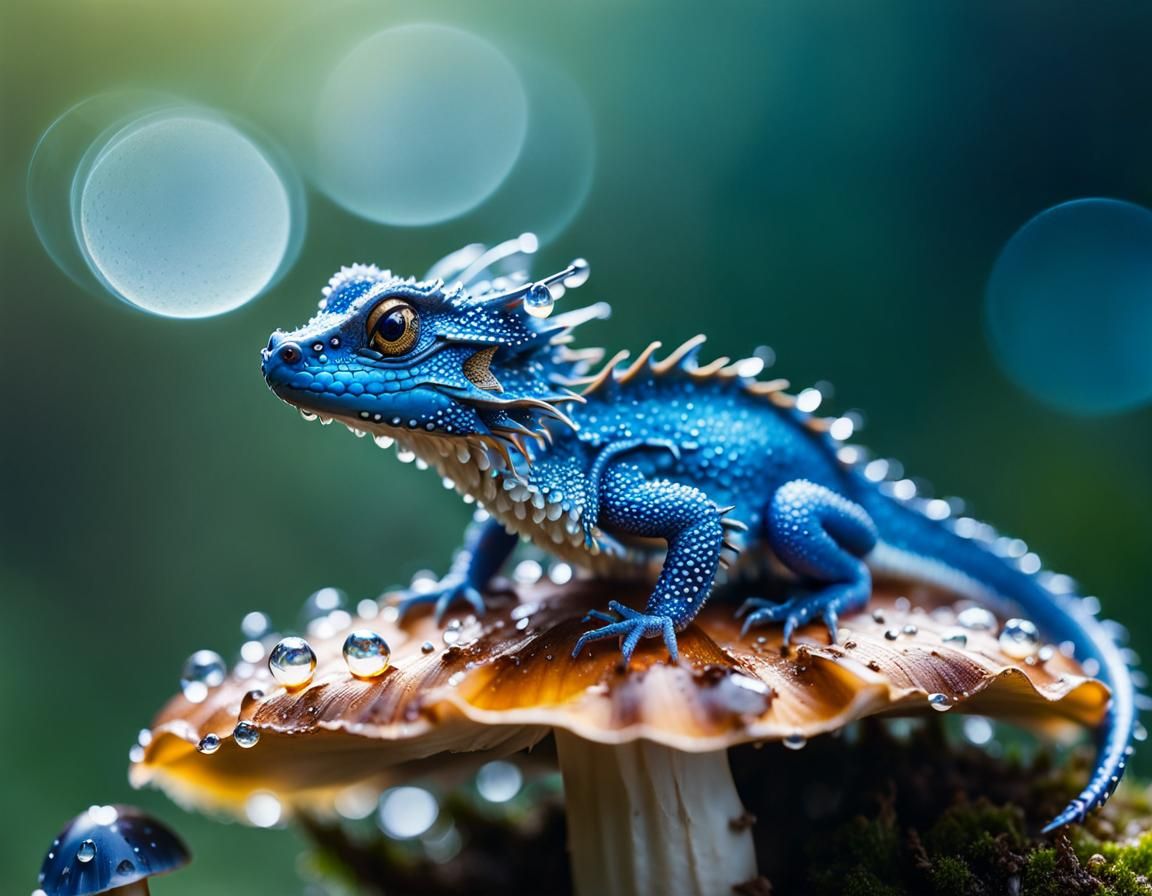 Blue Dragon on Mushroom in Macro Photography