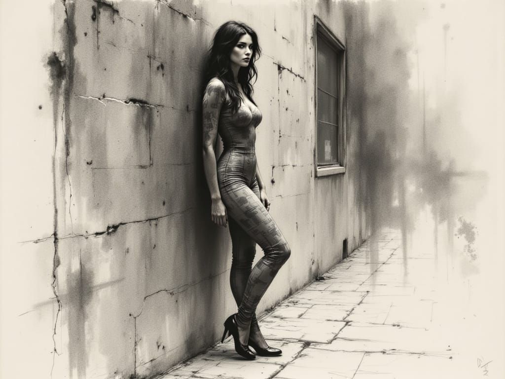 Intense Portrait in Charcoal - Woman in Profile, Moody Alley...