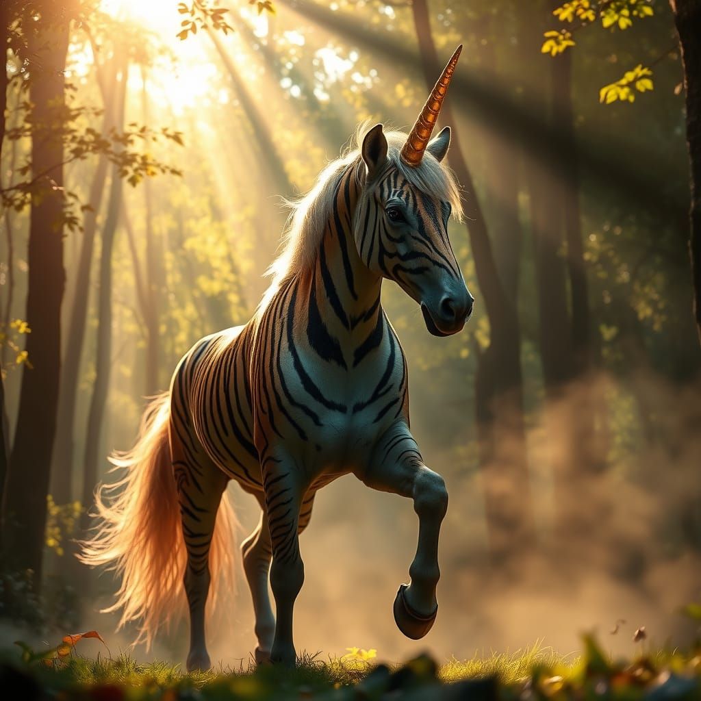 Majestic Striped Unicorn in Mystical Forest