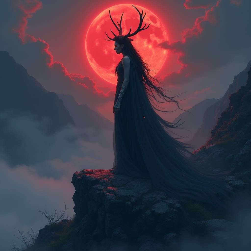 Mysterious Highland Vampire Woman under Crimson Moon