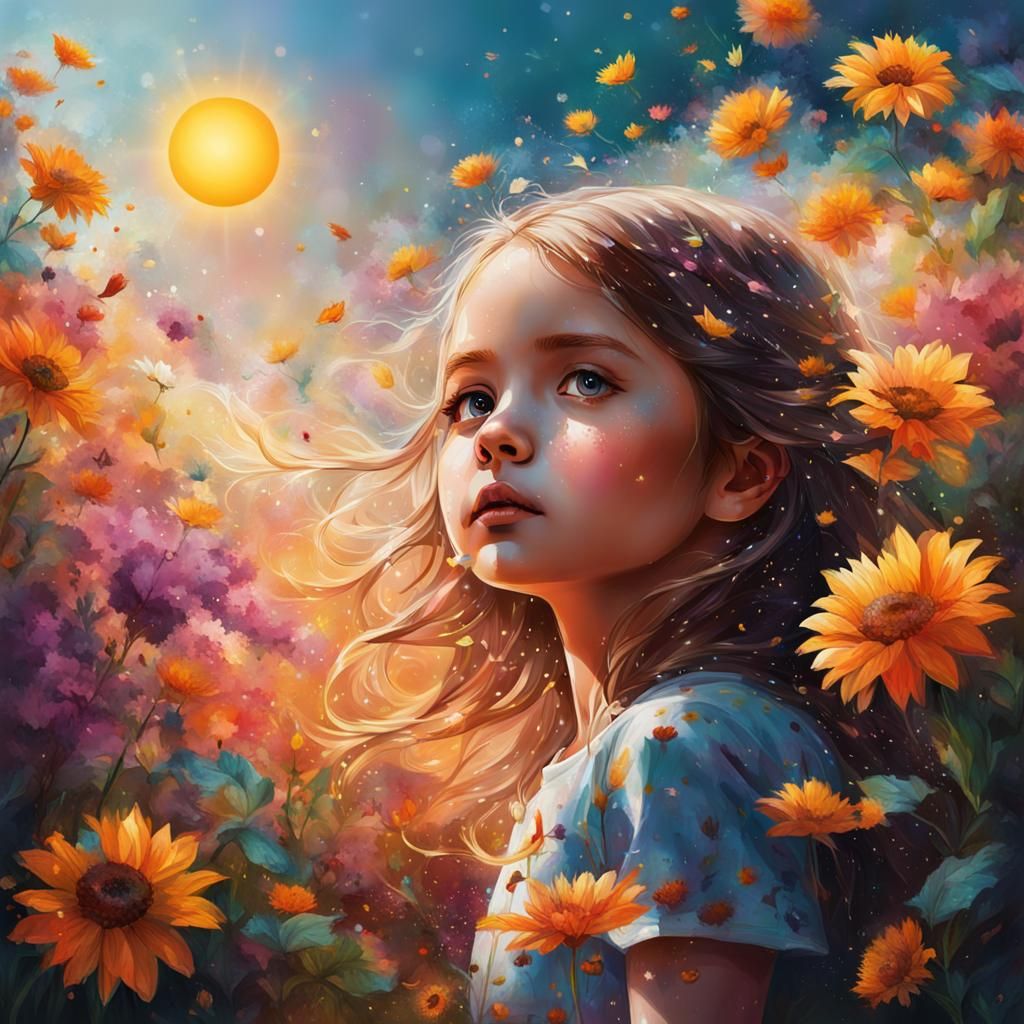 Hyperrealistic Little Girl in Flower Garden