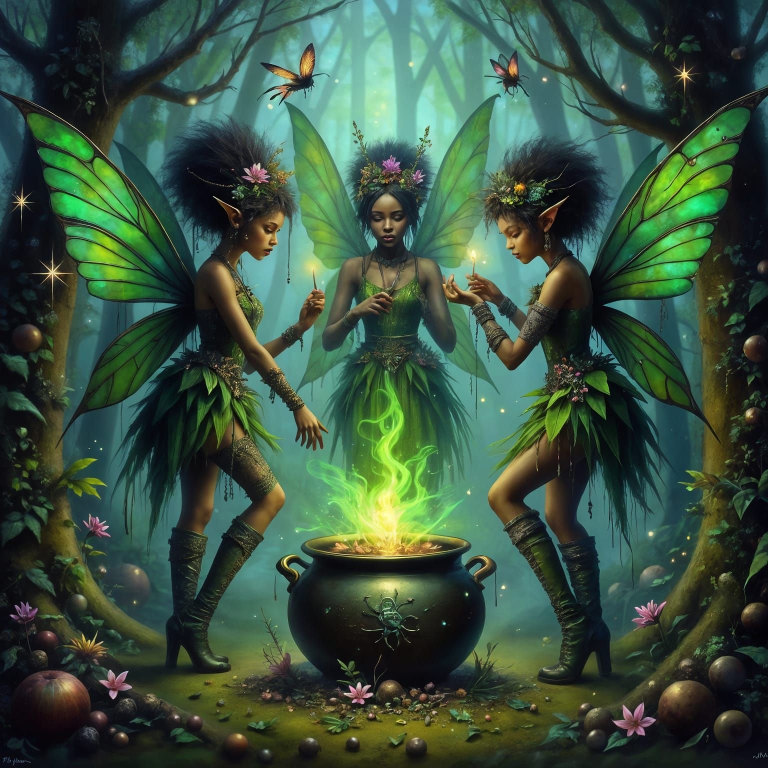 Dark Fairy Pixies Dance in a Cyberpunk Forest