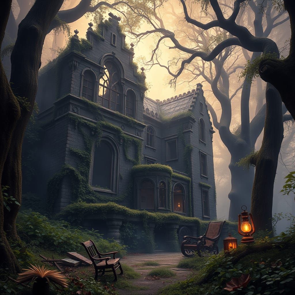 Ethereal Abandoned Mansion in a Primeval Forest