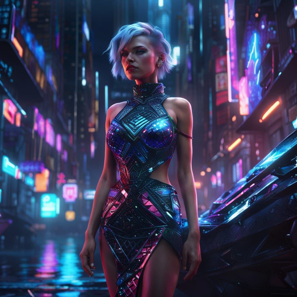 Cyberpunk Girl in Diamond Dress, Neon City