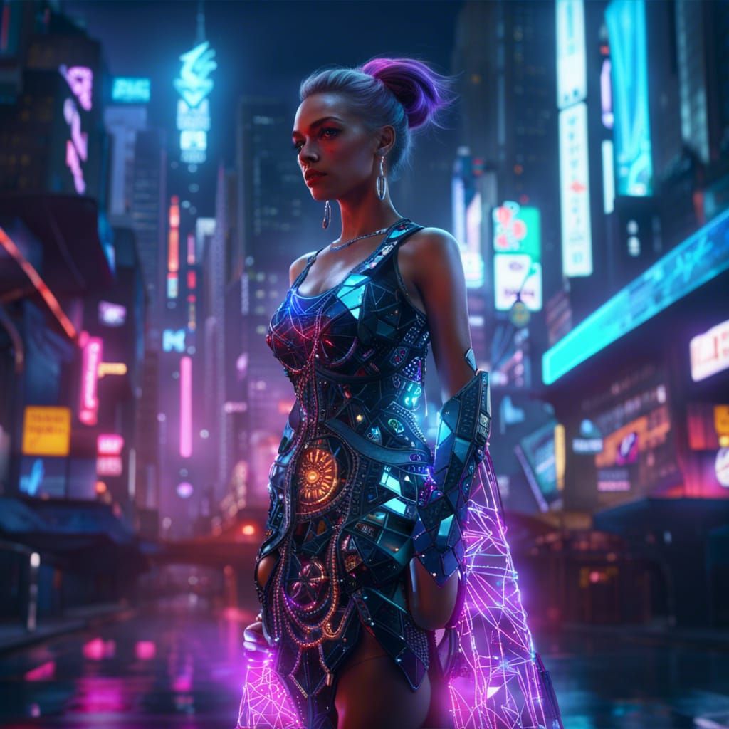 Cyberpunk Girl in Diamond Dress, Neon Cityscape