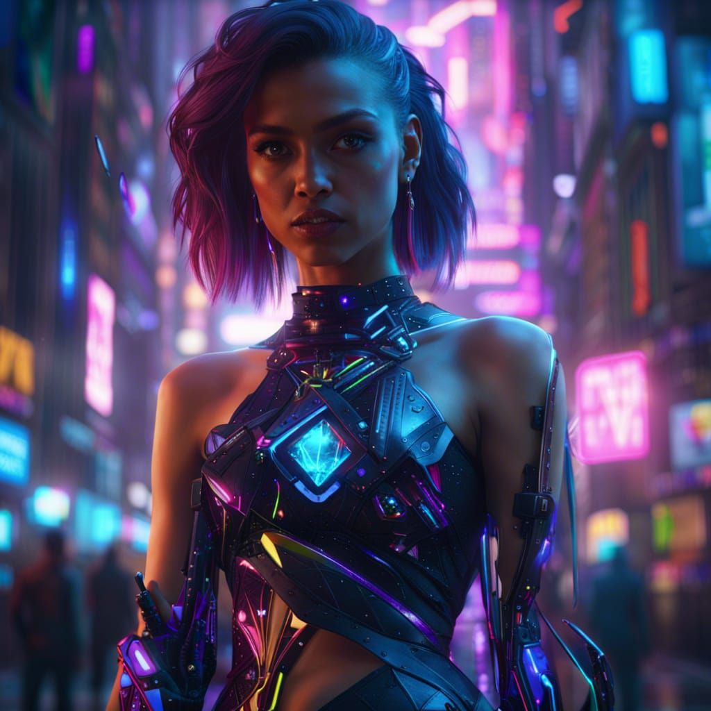 Girl in Cyberpunk City Wearing Diamond Dress