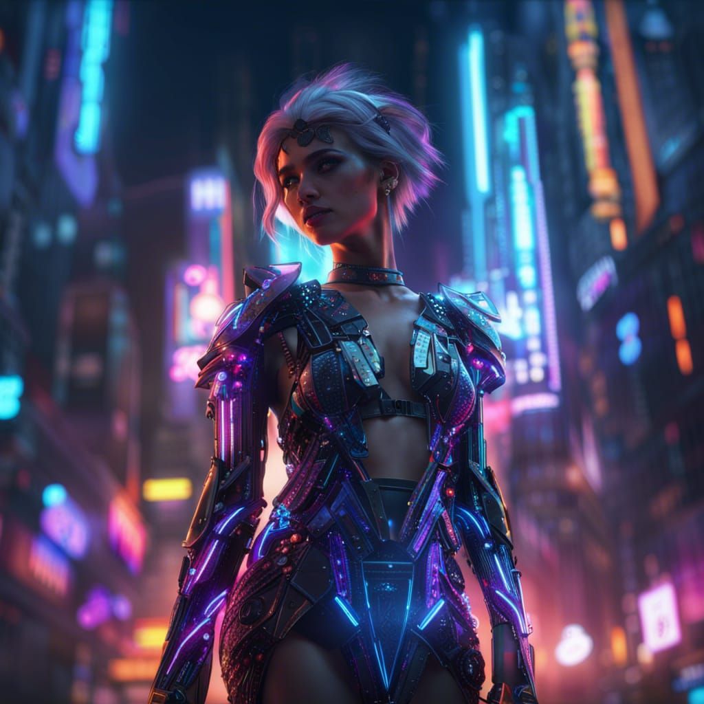 Cyberpunk Girl in Diamond Dress, Neon Cityscape
