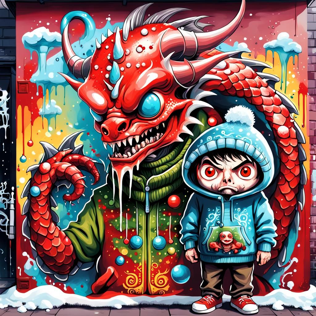 Surreal Dragon Janus as Graffiti Art