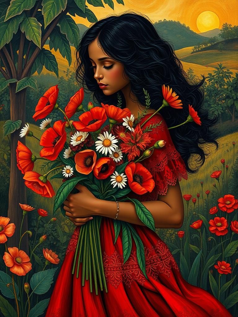 Girl with Flowers in Tarsila do Amaral Style