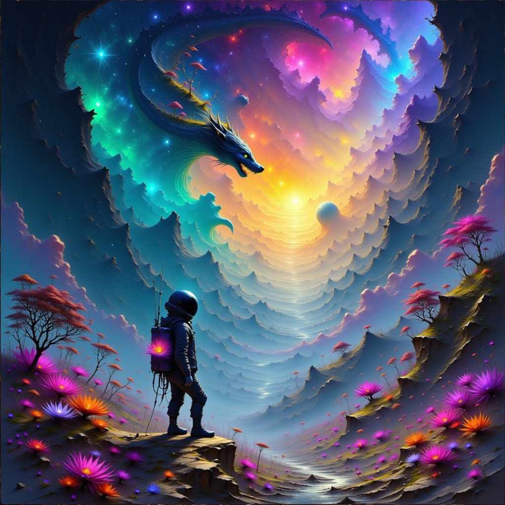 Astronaut Encounters Celestial Serpent in Vibrant Nebula